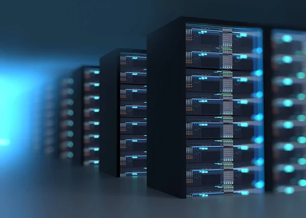 Koridor serverové místnosti s racky serveru v datacentru. 3D špatně — Stock fotografie