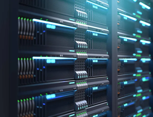 Super computer server rack in datacenter. Illustrazione 3d — Foto Stock