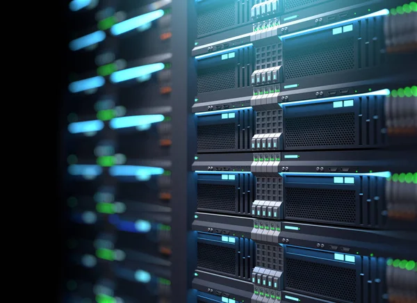 Supercomputer-Server-Racks im Rechenzentrum. 3D-Illustration — Stockfoto