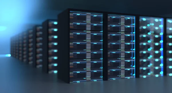 Korridoren i serverrummet med serverrack i datacentret. 3D sjuk — Stockfoto
