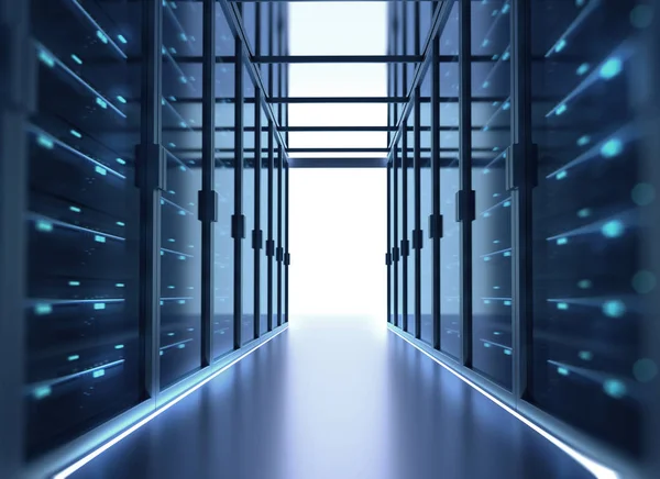 Corredor de la sala de servidores con bastidores de servidores en el centro de datos. 3d il — Foto de Stock