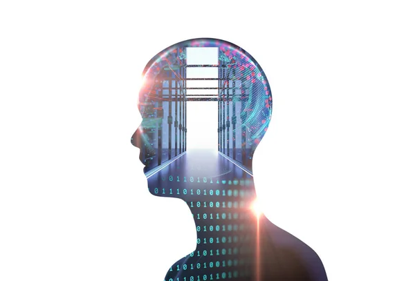 Virtuele menselijke silhouet op server rekken in datacenter. 3D illus — Stockfoto