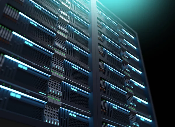 Суперкомпьютерные серверные стойки в центре обработки данных. 3d иллюстрация — стоковое фото