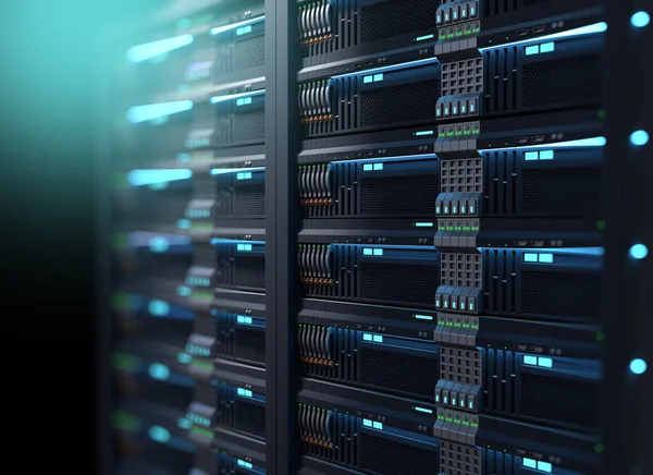 Super computer server rack in datacenter. Illustrazione 3d — Foto Stock