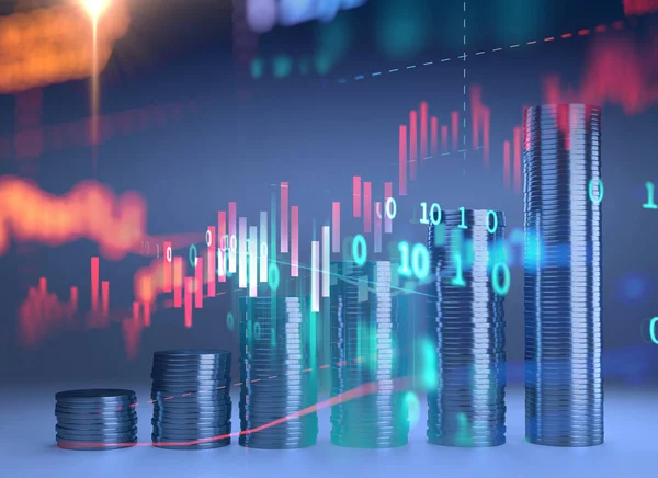 3d representación de Bitcoin en el fondo del gráfico financiero — Foto de Stock