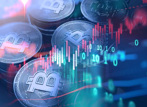 3d representación de Bitcoin en el fondo del gráfico financiero — Foto de Stock