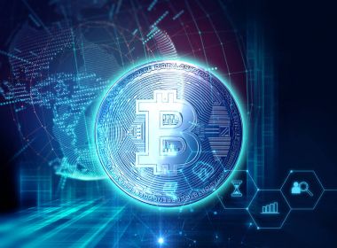 Bitcoin 3D render mali grafik arka planı üzerinde