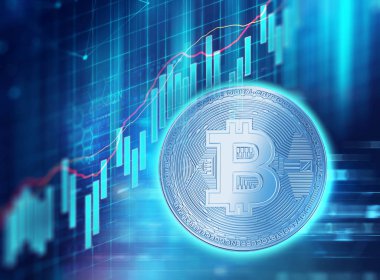 Bitcoin 3D render mali grafik arka planı üzerinde