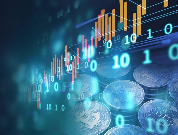 Bitcoin pénzügyi grafikon háttér előtt 3D-leképezés — Stock Fotó