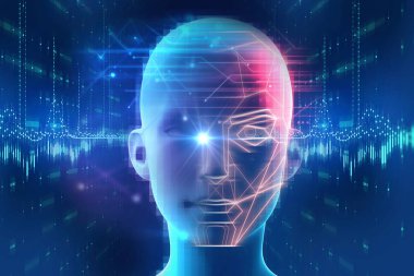 Yüz algılama teknolojisi ve dijital 3d illüstrasyon insan tanınması.