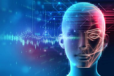 Yüz algılama teknolojisi ve dijital 3d illüstrasyon insan tanınması.