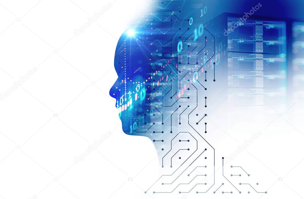 silhouette of virtual human on circuit pattern technology 3d ill