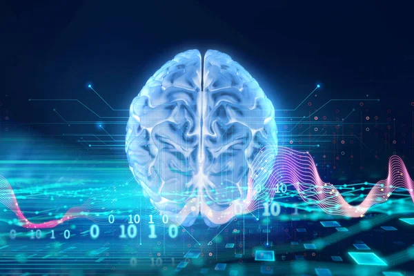 3D візуалізація людського мозку на технологічному тлі — стокове фото
