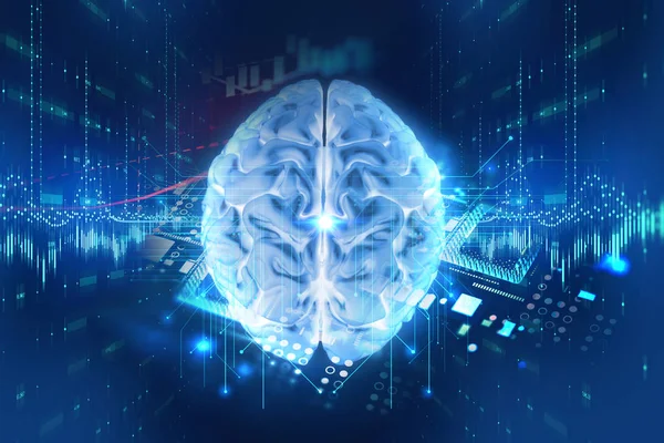 3D-rendering av mänskliga hjärnan på teknik bakgrund — Stockfoto