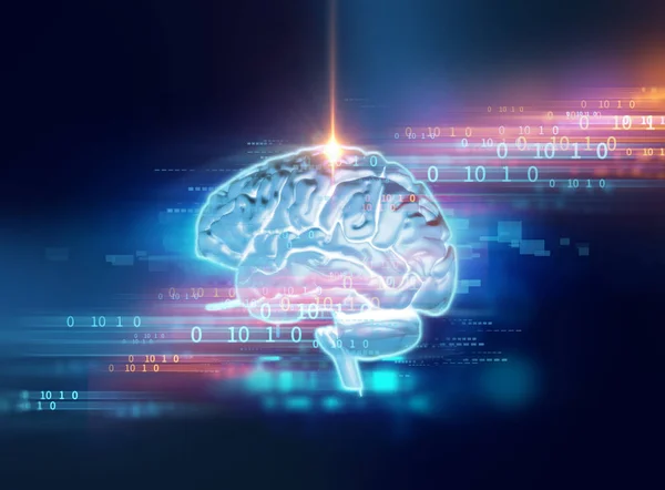 3D-Darstellung des menschlichen Gehirns auf technologischem Hintergrund — Stockfoto