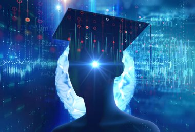 3D render sanal insan silueti teknoloji zemin üzerine