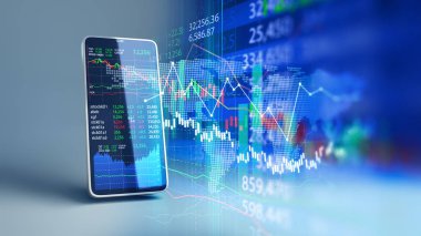 cep telefonu 3D render finansal grafik ve teknoloji elemanı