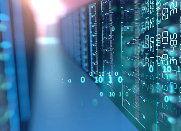 Corridor of  server room with server racks in datacenter. 3d ill — Stock Photo, Image