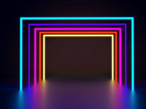 Futuristic Sci-Fi Neon Light Shapes in dark room With Empty Spac — Stock Photo, Image