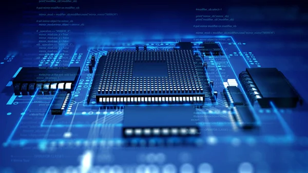 미래 지향적 인 파란색 회로 기판 과 CPU 의 3D 렌더링 — 스톡 사진