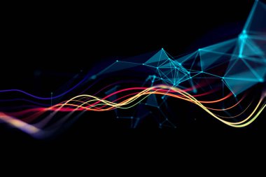 Noktalar ve çizgiler soyut teknoloji arkaplan 3D illüstrasyonunda bağlantılıdır.