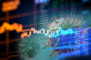 Ncov corona virüs mikroskop görüntüsü üzerindeki eğilim grafiği, covid -19 3d illüstrasyon tarafından ekonomik kriz etkisi kavramı