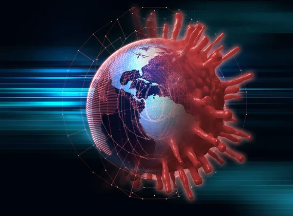 microscope close up of covid 19 virus and earth globe concept of virus spread over the world.3d illustratio