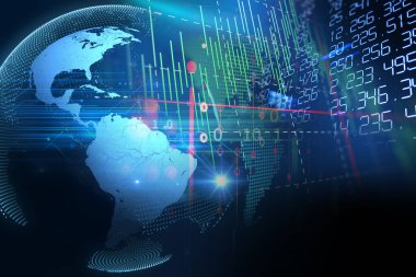 Dünyanın yüksek teknolojili fütüristik teknolojiyle 3 boyutlu canlandırılması soyut arka plan, modern veri bilimi kavramı