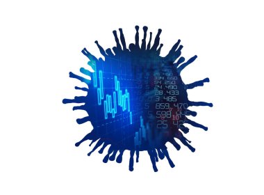 Siluet covid 19 virüs ve virüsün dünya çapında yayılan finansal grafik konsepti küresel ekonomik krizleri etkiliyor. 3d illüstrasyon
