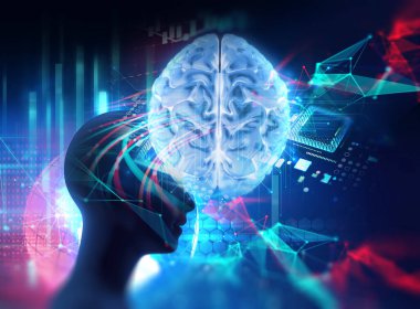 Dünya Haritası üzerinde sanal insan 3dillustration silueti temsil yapay teknoloji