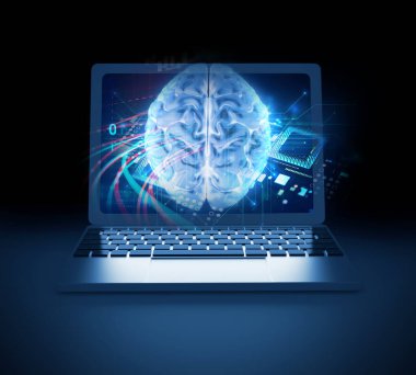 Yapay zeka robot ticareti kavramının kavramsal arka planı, insan beyni finansal teknoloji unsuru, 3D illüstrasyon