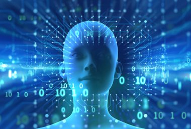 Yapay zekanın kavramsal geçmişi, insanlar ve siber iş programlama teknolojisi unsuru, 3D illüstrasyon