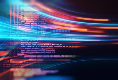 Yazılım geliştiricisi ve Bilgisayar betiği 3d illüstrasyonunun kod soyut teknoloji arka planı programlanıyor