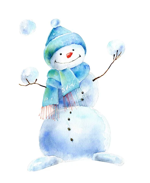 Snowman in hat and scarf plays snowballs — Stock Photo, Image