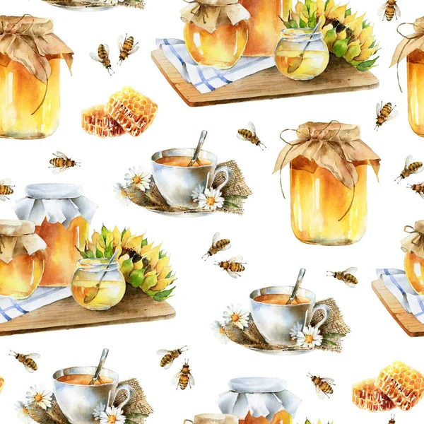 Akvarell läcker sömlös mönster med honung — Stockfoto