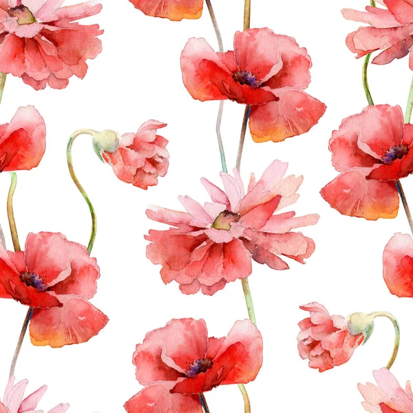 Watercolor seamless floral pattern with red poppies — Stock Photo, Image