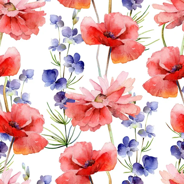Watercolor seamless pattern with delphinium flowers and poppies — Stok fotoğraf