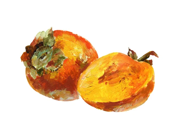 Persimmon on white background. Oil painting — Stockfoto