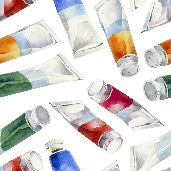Wzór bezszwowy akwarela z kolorowymi tubami farby — Zdjęcie stockowe