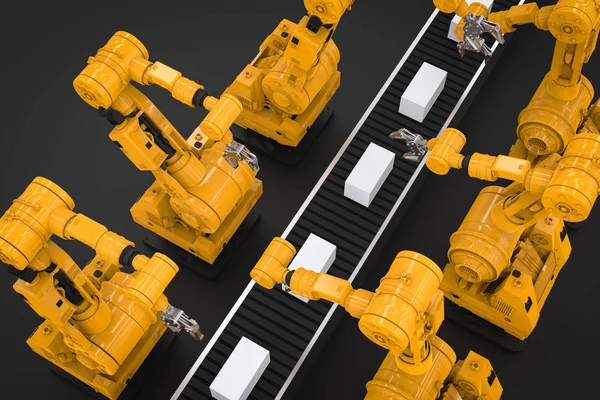 Robotarmen met dozen op transportband — Stockfoto