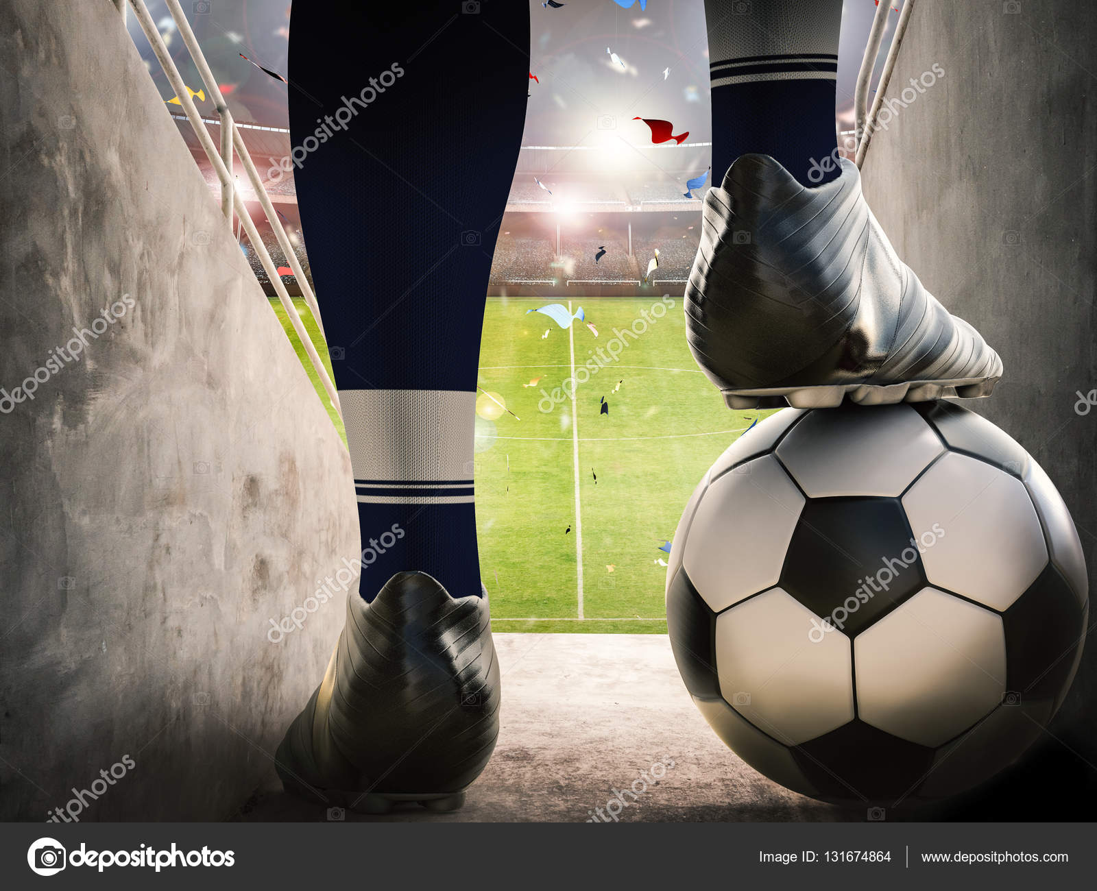 Pé Do Jogador De Futebol Na Bota Do Futebol Na Bola Foto de Stock