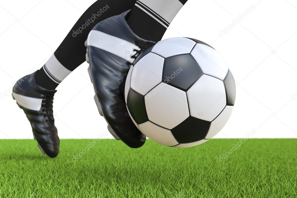 soccer player kicking soccer ball in motion