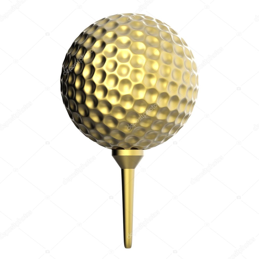 golden golf ball on tee isolated on white