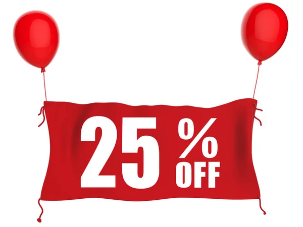 25% off banner em pano vermelho com balões vermelhos — Fotografia de Stock