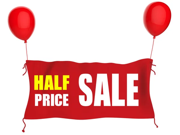 Μισή τιμή πώλησης banner στο κόκκινο πανί με κόκκινα μπαλόνια — Φωτογραφία Αρχείου