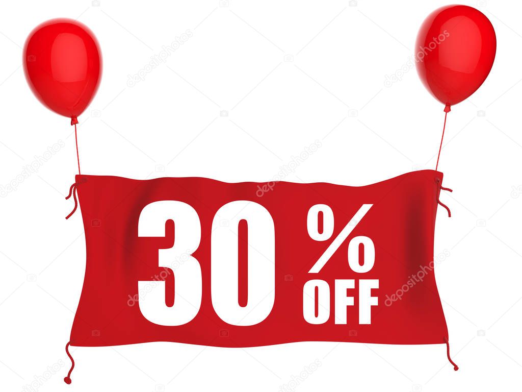 30% off banner on red cloth with red balloons