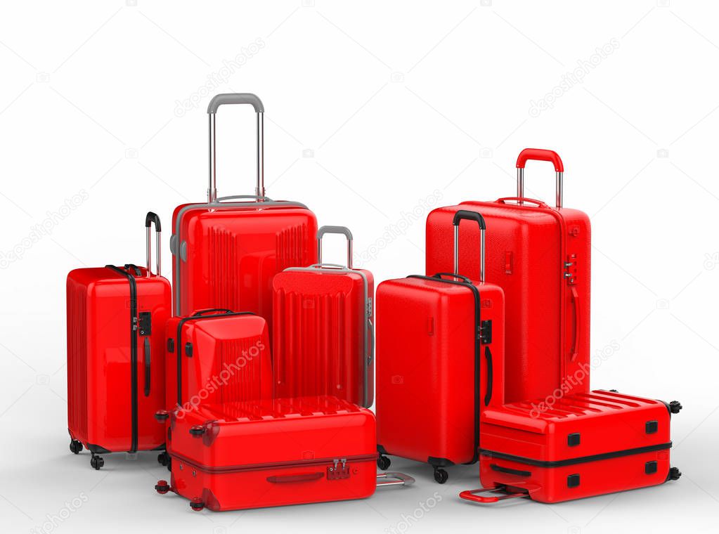 red hard case luggages on white background