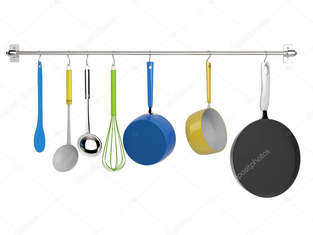 kitchen rack hanging with kitchen utensils 