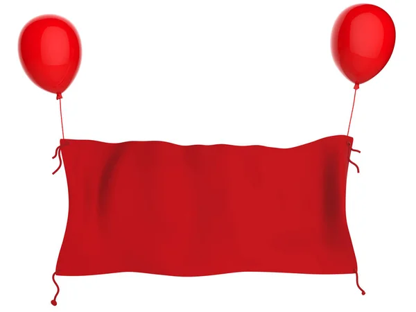 Czerwonego sukna baner wiszący z czerwonych balonów na białym tle — Zdjęcie stockowe