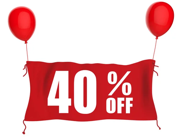 40% rabatt banner på rött tyg med röda ballonger — Stockfoto